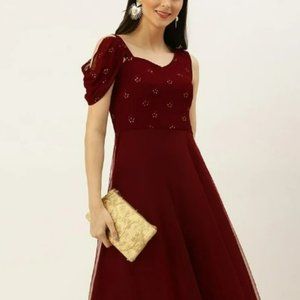 Maroon asymmetrical gown with embellishments, Petite Plus 16-18, New